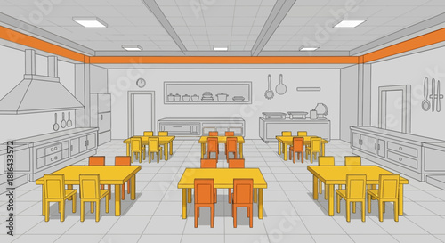 Empty Cafeteria Dining Area with Tables and Chairs.