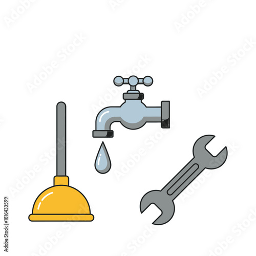 Plumbing tools and equipment including a plunger, a dripping faucet, and a wrench on a white background.