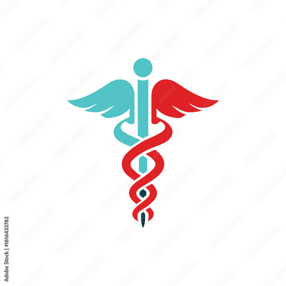 Obraz premium Caduceus Medical Symbol with Wings in Red and Teal Color on White Background