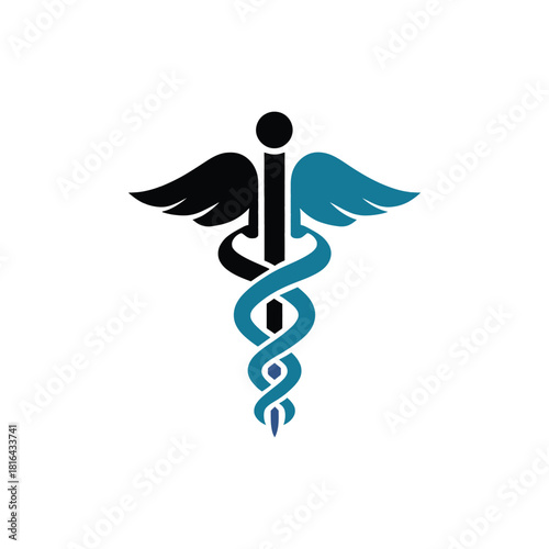 Caduceus Medical Symbol with Wing Shape in Black and Blue on a Transparent BG