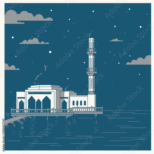 An illustration of a serene mosque built over water at night, with a tall minaret reaching towards a starry sky.