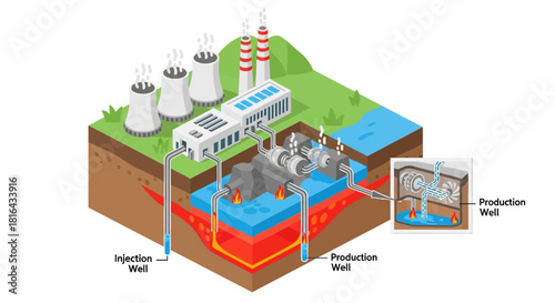 Geothermal Power Plant Diagram Illustrating Energy Production.