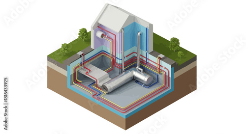 Geothermal heating system illustration showing house and underground pipes.