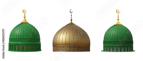Three Islamic mosque domes with crescent symbols. cutout on transparent background