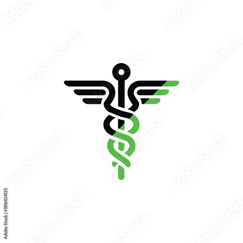 Caduceus Symbol Black and Green Design with Transparent Background Element