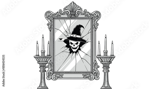 A spooky halloween scene featuring a skull wearing a witchs hat reflected in a cracked mirror, flanked by candelabras with lit candles, creating a vintage and eerie atmosphere perfect for holidaytheme