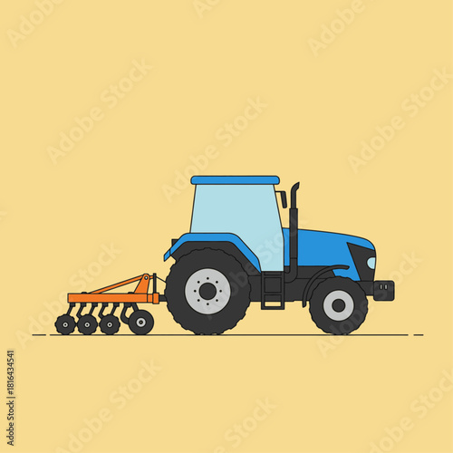 A blue farm tractor with an orange plow attachment, illustrated in a flat vector style on a yellow background.