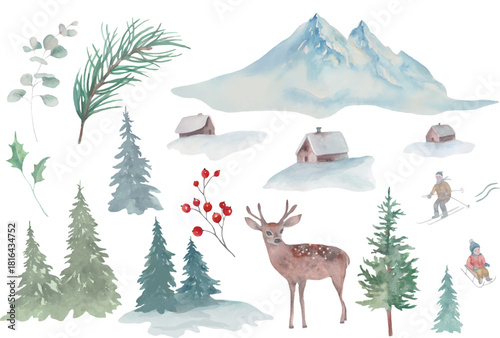 Watercolor winter forest set with mountains, pine trees, wooden cabins, deer, berries, kids skiing. Christmas set. Hand drawn illustration. Vector EPS.