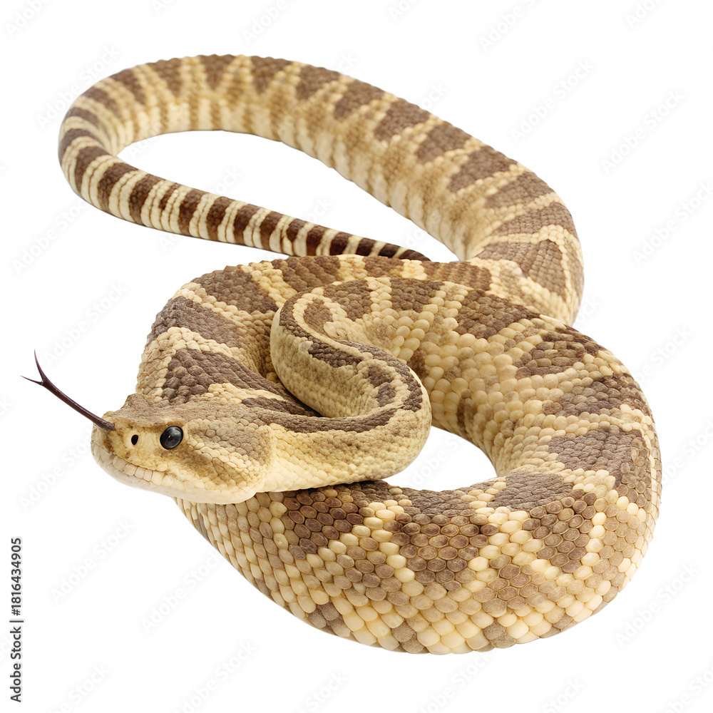 Obraz premium A snake with beautiful brown and tan patterns is coiled, its head raised with a flicking tongue, clearly isolated on a black background.