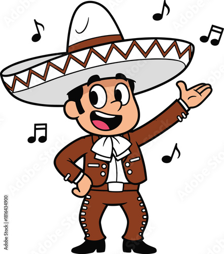 Cartoon Mexican mariachi singer character in traditional costume with musical notes, festive performance, cultural celebration, vector illustration for kids
