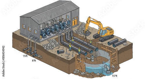 Industrial Construction Site with Building, Excavator, and Underground Pipes.