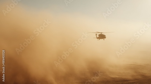 Helicopter Flying Through Desert Sandstorm At Sunset. Aerial Navigation In Challenging Conditions