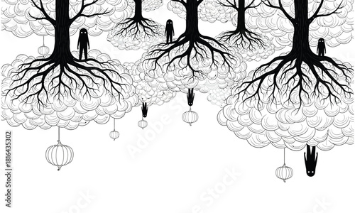 A surreal and enigmatic illustration depicting a forest with upsidedown trees and mysterious figures, creating a dreamlike atmosphere with a monochromatic palette and intricate details, evoking a sens