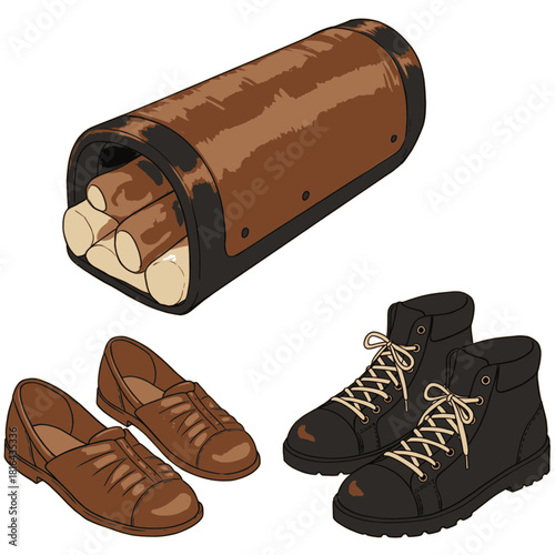 Illustration of a log carrier filled with firewood alongside a pair of brown dress shoes and black hiking boots.