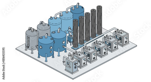 Industrial plant equipment with tanks and machinery for processing and production.