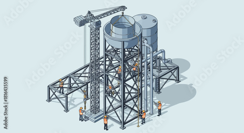 Industrial plant construction site with crane and storage tanks.