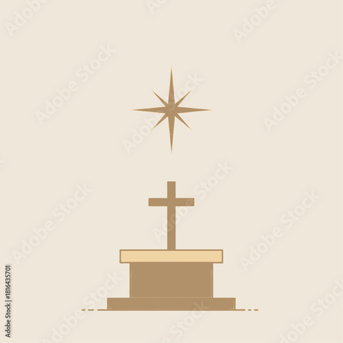 Minimalist illustration of a Christian cross on a pedestal with a shining star above, symbolizing faith, spirituality, and religious devotion.