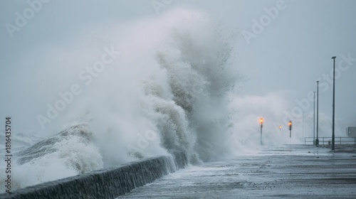 Fototapeta Naklejka Na Ścianę i Meble -  Powerful Ocean Waves Crashing Against Seawall During Storm. Nature'S Force And Coastal Defense