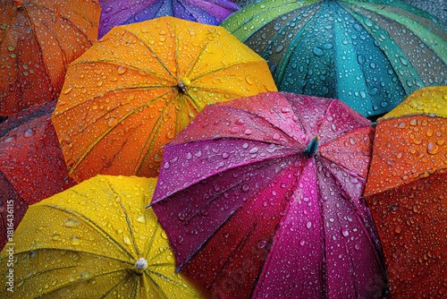 Colorful umbrellas drenched in rain