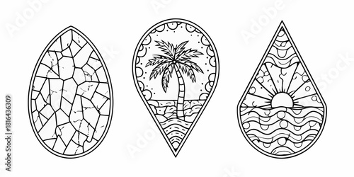 Set of three abstract landscape designs in black and white outline