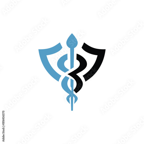 Medical Caduceus Shield Abstract Logo Design, Blue Rod of Asclepius, Black Guard
