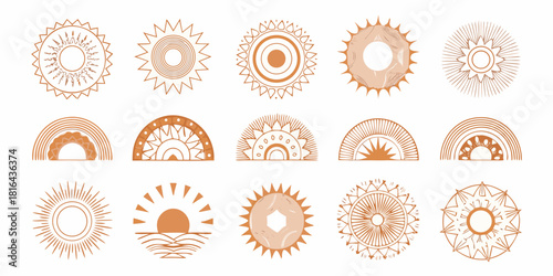 Collection of boho sun and rainbow graphic elements in brown tones