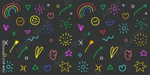 Colorful hand drawn doodle pattern on dark background