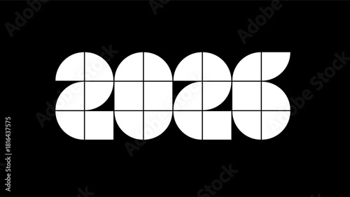 Bold geometric “2026” formed from rounded white tile shapes on a deep black background, high-contrast modular typography suited for event graphics and modern branding