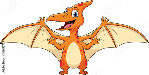 Cartoon pterodactyl dinosaur vector illustration with smiling face, flying wings, orange skin, prehistoric animal character for kids and education