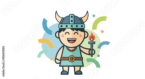 A heartwarming flat design illustration featuring a child in a stylized Viking costume, participating in Junior Up Helly Aa. This minimalist 2D vector uses clean shapes and a limited color palette