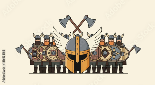 This flat design illustration depicts the iconic Jarl Squad of Up Helly Aa in a strong, united formation, holding their shields and axes. The minimalist 2D style uses clean shapes and a limited color 