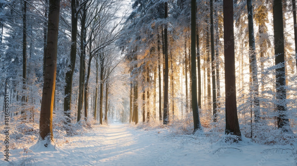 Naklejka premium Snowy Forest Path With Sunlight Filtering Through Trees. Winter Serenity And Natural Beauty