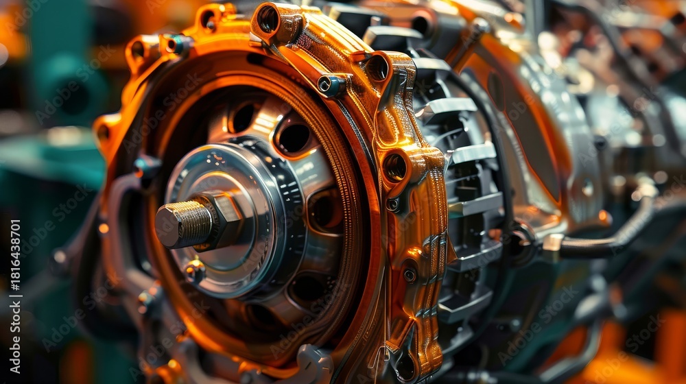 Fototapeta premium Detailed Close Up of an Automotive Engine Component in Gold and Silver Tones Industrial Design Automotive Technology