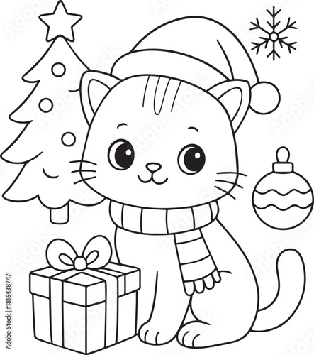 Cute Christmas Cat Coloring Page with Tree and Gifts
