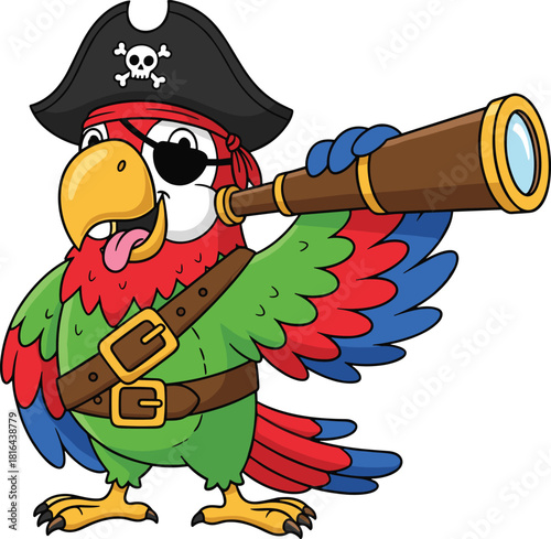 Cartoon pirate parrot with telescope, colorful feathers, eye patch, skull hat, funny bird character for kids adventure and animal themes