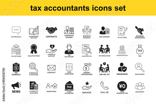 a comprehensive collection of tax accountant icons depicting various financial and legal services with illustrations