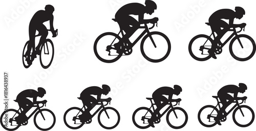 cyclist on racing bike silhouette collection set, man riding bicycle in various race poses vector illustration