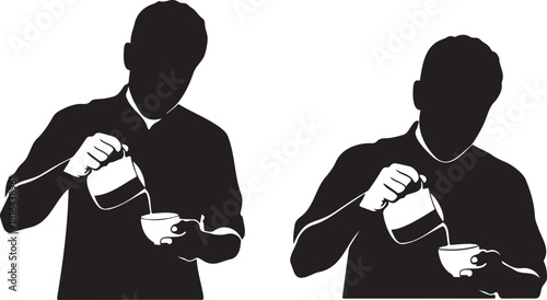Barista pouring into coffee cup silhouette, two figures demonstrating latte art preparation in cafe setting vector illustration