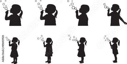 Little girl blowing soap bubbles silhouette collection set, child playing with bubble wand in various poses vector illustration