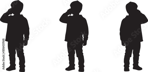 Little boy silhouette talking on phone collection set, child holding cellphone to ear in different poses vector illustration