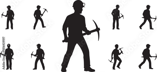 Miner with pickaxe silhouettes, a collection of ten figures depicting workers in various poses, some with helmets vector illustration