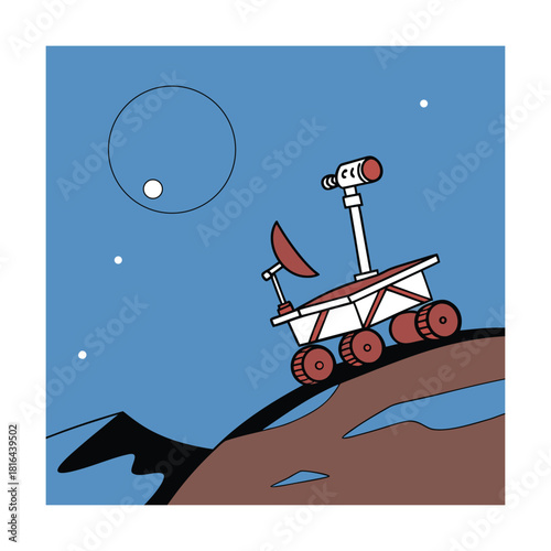 Illustration of a mars rover exploring the surface of the red planet with stars and a moon in the background, showcasing space exploration