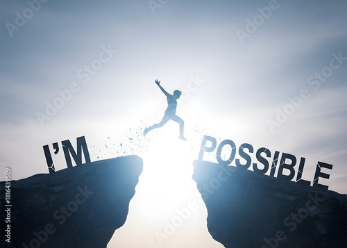 Man jump between impossible wording and possible wording on mountain. The concept of mindset for career growth business.