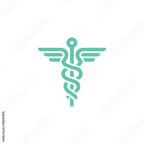 Teal Caduceus Symbol on White Background, Healthcare Logo, Medical Sign, Health Icon