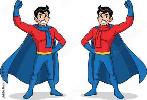 Cartoon superhero character in red costume with cape and confident pose, isolated on white background for comic and design use