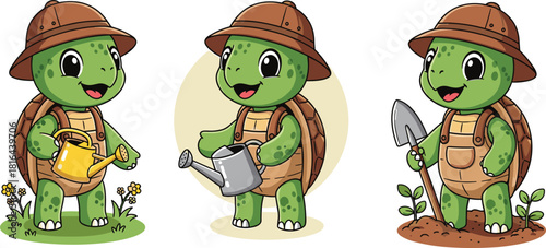 Cartoon turtles gardening with watering cans and shovel in overalls and hats, nature activity, kids character, spring outdoor vector illustration