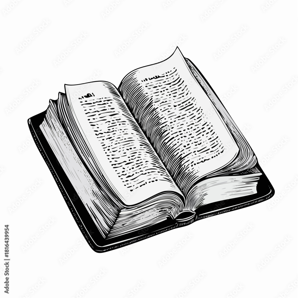 Fototapeta premium Vintage engraved illustration of an ancient open book with detailed lines and aged pages, perfect for historical designs, educational themes, and retro literature concepts.