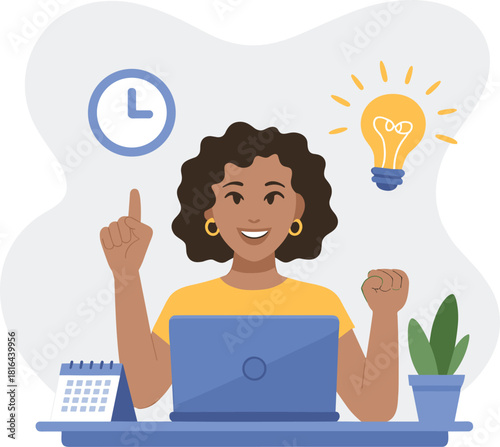 Cartoon woman celebrating idea at desk with laptop, light bulb inspiration, productivity, time management, creativity, workspace success concept