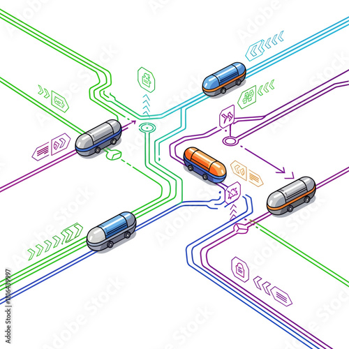 Isometric illustration of a transportation network with futuristic pod-like vehicles and circuit-like pathways