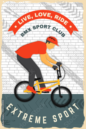 Bmx extreme sport club poster, banner, magazine template. Vector. Concept for shirt, logo, print, stamp, tee with man ride on a sport bicycle. Vintage typography design with bmx cyclist silhouette.